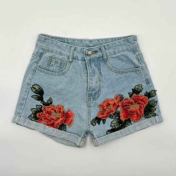 Floral Embroidered Denim Shorts, Feminine Floral Jean Shorts Sz S - Picture 2 of 7